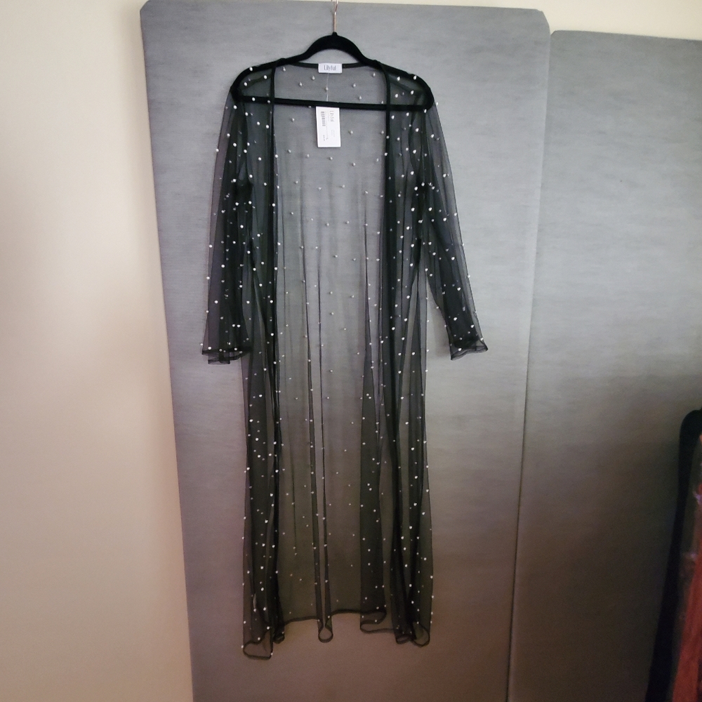 NW Long Sheer Pearl Kimono duster with high slits